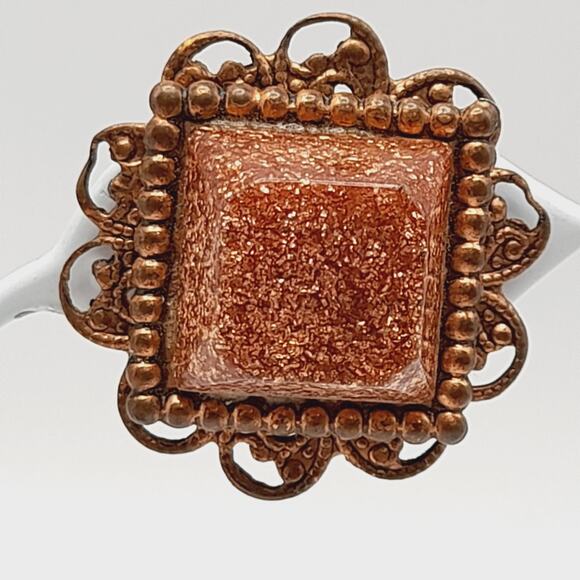 Vintage Goldstone Glass Clip On Earrings Copper Filigree Frame 1960s Style - Picture 4 of 8